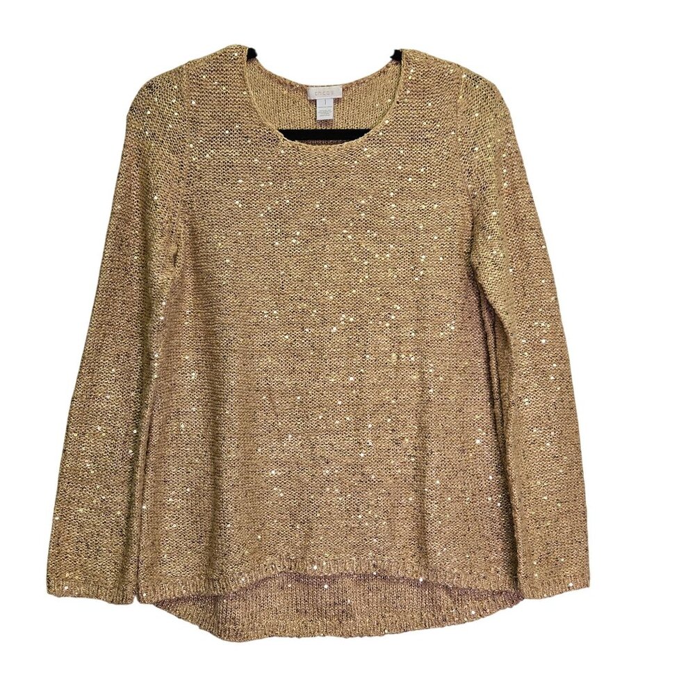 Chicos Gold Sequin‎ Knit Sweater Size 1 M Metallic Holiday Party New Years